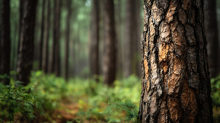 Obraz premium Close-up of rough tree bark in a misty forest with blurred background