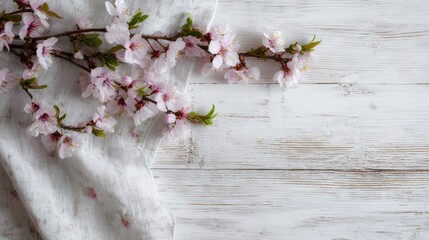 Pink cherry blossoms on white rustic wooden background