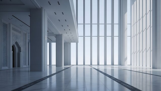 Empty minimalist mosque interior with marble floors in Saudi Arabia at daytime