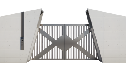 Modern Metal Gate with Vertical Bars and Intercom Panel on White Wall