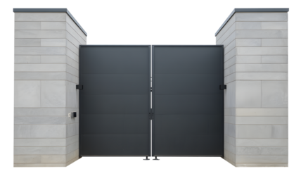 Modern Gray Metal Gate Between Light Gray Stone Pillars