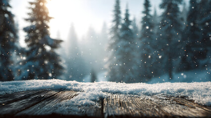 Snow-covered wooden table in a serene winter forest scene