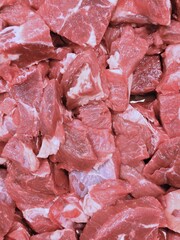 Close-Up of Fresh Raw Diced Beef or Mutton Cubes Ready for Stewing or Kebabs