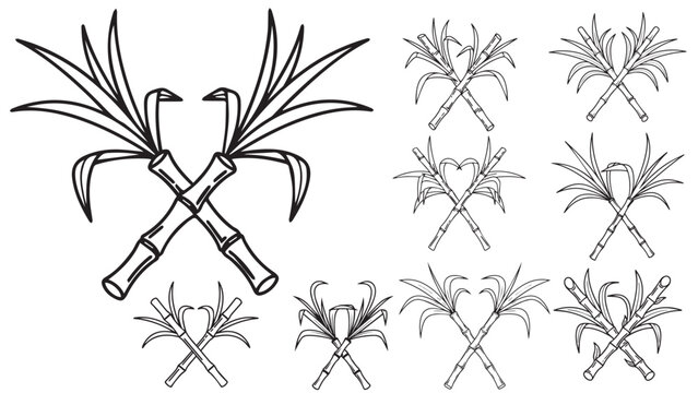 Vector set of linear outline sugarcane stalks for Pongal and Sankranti, decorative black and white harvest plant icons with heart shaped arrangements