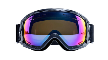 Ski goggles with purple and orange lens isolated on white background, snowboard mask, winter sport equipment, protective eyewear cutout.