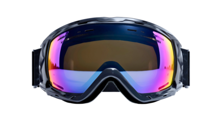 Ski goggles with purple and orange lens isolated on white background, snowboard mask, winter sport equipment, protective eyewear cutout.