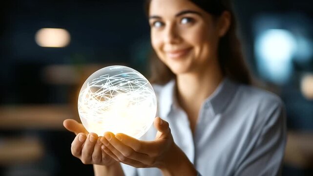 A faceless woman practicing divination, gazing into a transparent scrying sphere filled with abstract future symbols, soft defocused lighting, with copy space