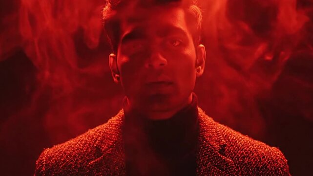 A dramatic, intense close-up portrait of a determined individual looking directly at the camera, enveloped in striking, vibrant red light and swirling smoke or haze. The atmosphere is powerful and mys