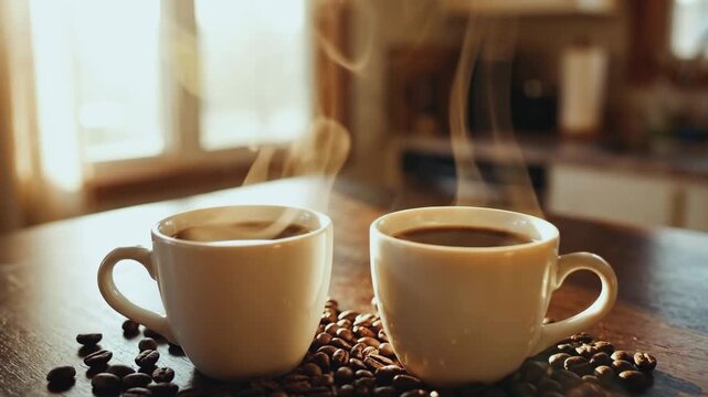 Two cups of hot coffee with steam rising on a wooden table. Freshly brewed black coffee with roasted beans in a sunny kitchen. Morning breakfast concept