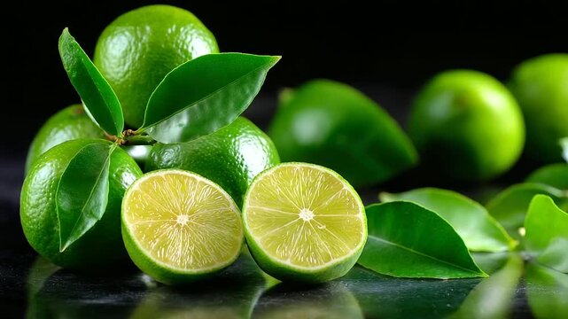 Green limes arrangement with some whole and few halved on shiny reflective surface, fresh citrus fruit display, vibrant produce photography, kitchen ingredient presentation, with c
