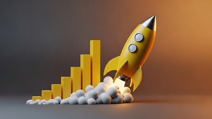 Golden rocket ship launching amidst soaring bar graph representing rapid growth and success