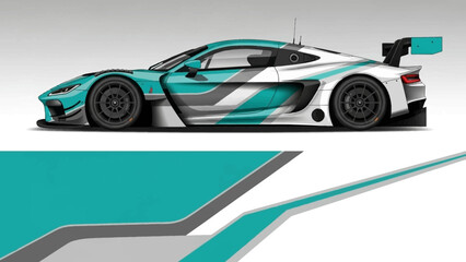 Sleek teal and white race car with aerodynamic styling on a geometric track-inspired background.