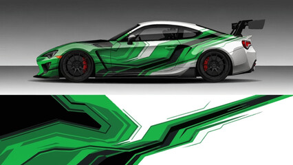Sleek green race car with bold graphics and aerodynamic design on a vivid backdrop.