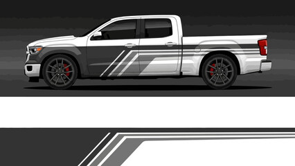 Bold custom pickup truck with racing stripes and graphic livery on sleek dark design.
