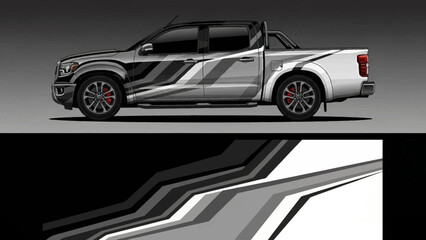 Stylized black and white pickup truck with graphic stripes and modern design.