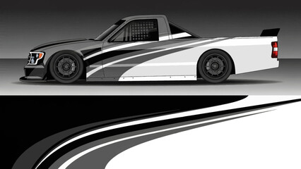 High-contrast stylized race car with bold white and gray graphics and sleek curves.