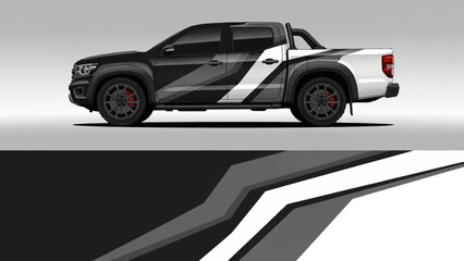 Side view of a black pickup truck with bold white and gray graphic stripes.