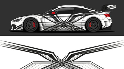 Monochrome racing car silhouette with abstract graphic lines and dynamic design.