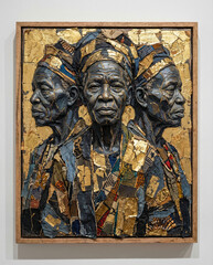 A powerful mixed-media triptych portrait of an elder African woman. The contemporary artwork uses collage and gold leaf for a rich, textured effect.