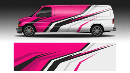 Pink and White Vinyl Wrapped Van with Bold Stripes and Modern Graphic Design.