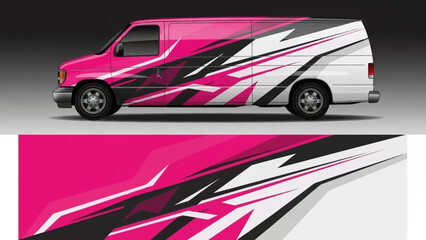 Vibrant pink and white van featuring bold graphic wrap and dynamic stripes design.