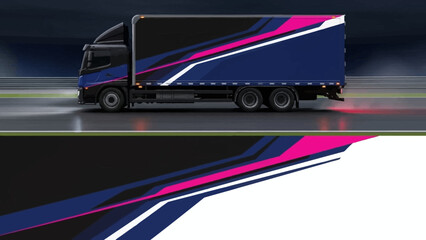 Blue and purple striped semi truck speeding along a night highway with dynamic motion.