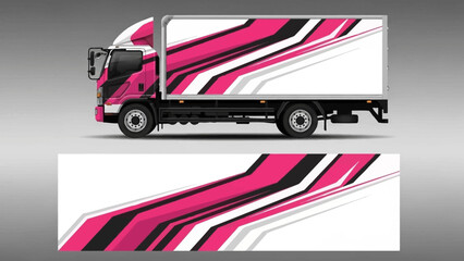 Vivid pink diagonal striped trailer on a cargo truck with bold graphic design and modern livery.