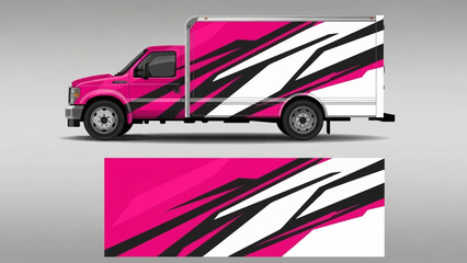 Two pink and black striped delivery trucks shown side by side for branding and graphic impact.