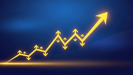 A shining yellow arrow graph trending upward on a dark blue background with a glowing effect