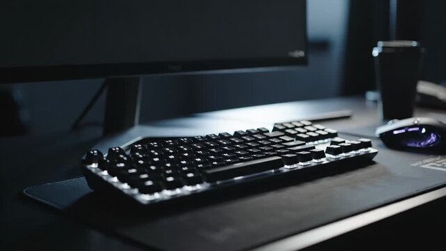 Keyboard rests on desk near monitor displaying blank screen. Dim lighting creates focus on workspace. Concept of home office, technology use, productivity boost