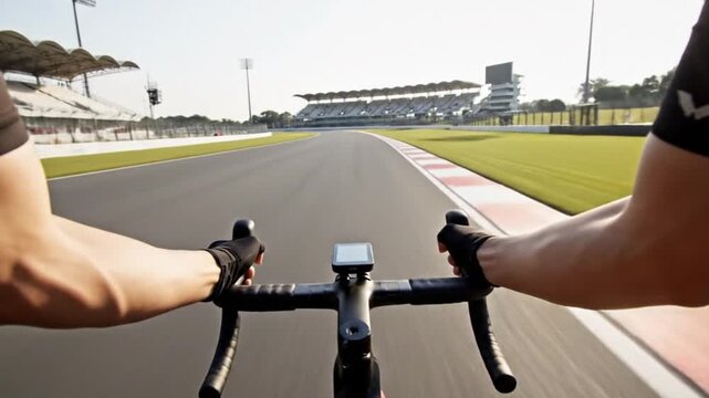 A dynamic first-person point-of-view shot captures the exhilarating experience of a cyclist riding a modern road bicycle on a professional-style race track. The smooth asphalt surface stretches ahead,
