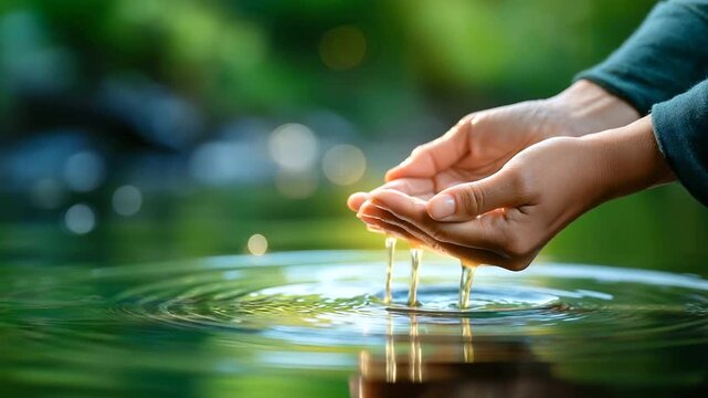 Faceless person's hands gently touching water creating ripples, baptism symbolism, spiritual cleansing metaphor, clear reflection, defocused background, sacred ritual representatio