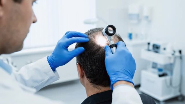 Dermatologist examining a patient's scalp with a dermatoscope in a clinic. Doctor checking hair roots and follicles for signs of alopecia or thinning. Trichology and hair health concept