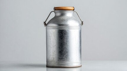 Vintage Metal Milk Can Container with Wooden Handle and Lid on White Background