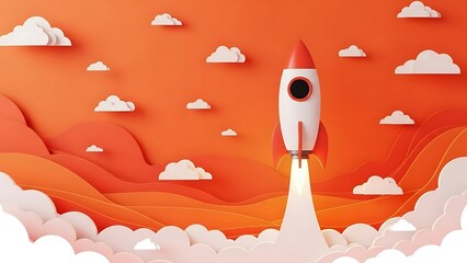 A rocket ship soaring through vibrant orange skies with white clouds