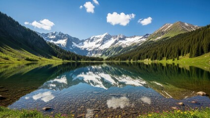 Majestic alpine panorama with crystal clear lake reflecting snow-capped peaks and vibrant green