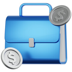 Glossy 3D Render Blue Briefcase with Silver Coins Business Concept
