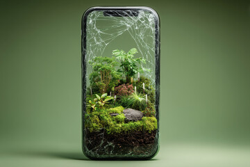 Cracked smartphone screen displays vibrant miniature garden with lush greenery and plants
