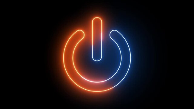 Animated Power Button Neon Glow Animation, Glowing Orange and Blue Icon on Black Background, Digital Transition