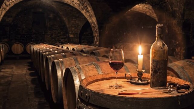Rustic wine cellar with rows of wooden barrels and stone arches. Glass of red wine, vintage bottle, and burning candle on a barrel. Traditional winery atmosphere