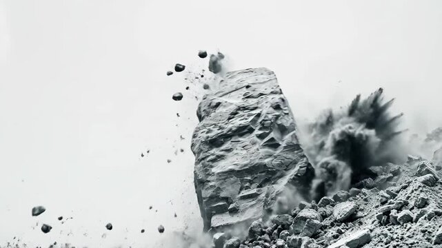 Close-up of rock fragmentation and explosive debris in monochrome.