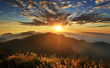 Majestic sea of clouds over mountains during golden sunrise, cinematic nature landscape high...