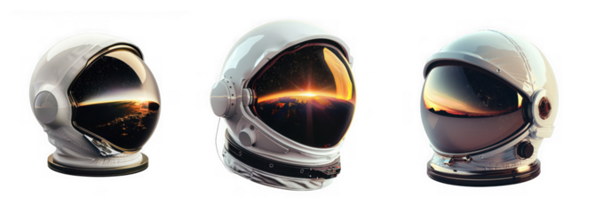 Three realistic astronaut helmets showcasing cosmic reflections and detailed designs ideal for space themed projects on transparent background