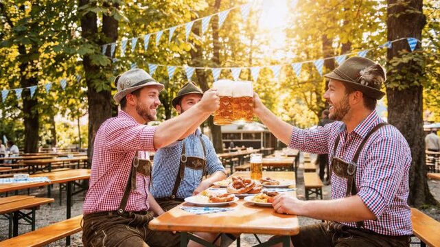 Three men in traditional Bavarian Lederhosen toasting with large beer mugs at an outdoor Oktoberfest celebration. Happy friends drinking and eating pretzels at a sunny beer garden table