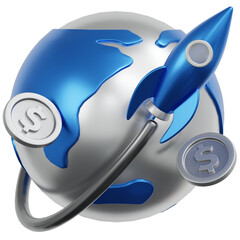 Futuristic 3D Render of Rocket Launching Around World Globe with Coins
