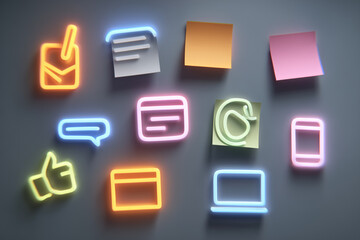 Vibrant neon icons representing modern digital communication and technology