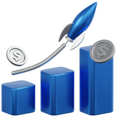 Realistic 3D Growth Chart with Rocket and Coin Financial Illustration