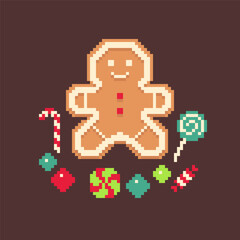 Smiling Gingerbread Man Cookie Illustration with Festive Candy Decoration