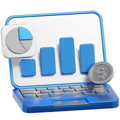 Modern 3D Rendered Laptop with Chart and Coin for Financial Analysis