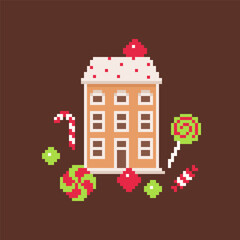 Gingerbread Candy House Illustration with Sweet Christmas Treats in Pixel Art Style